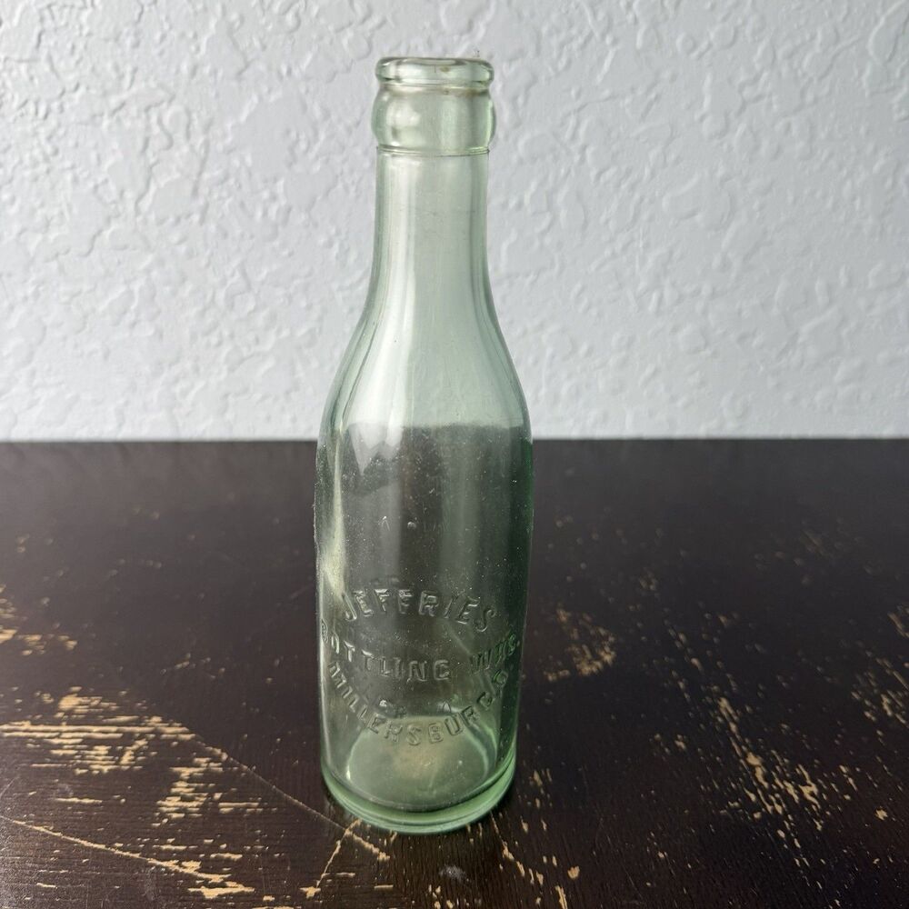 Jeffries Bottling Works Millersburg Ohio Embossed Aqua Soda Bottle Antique